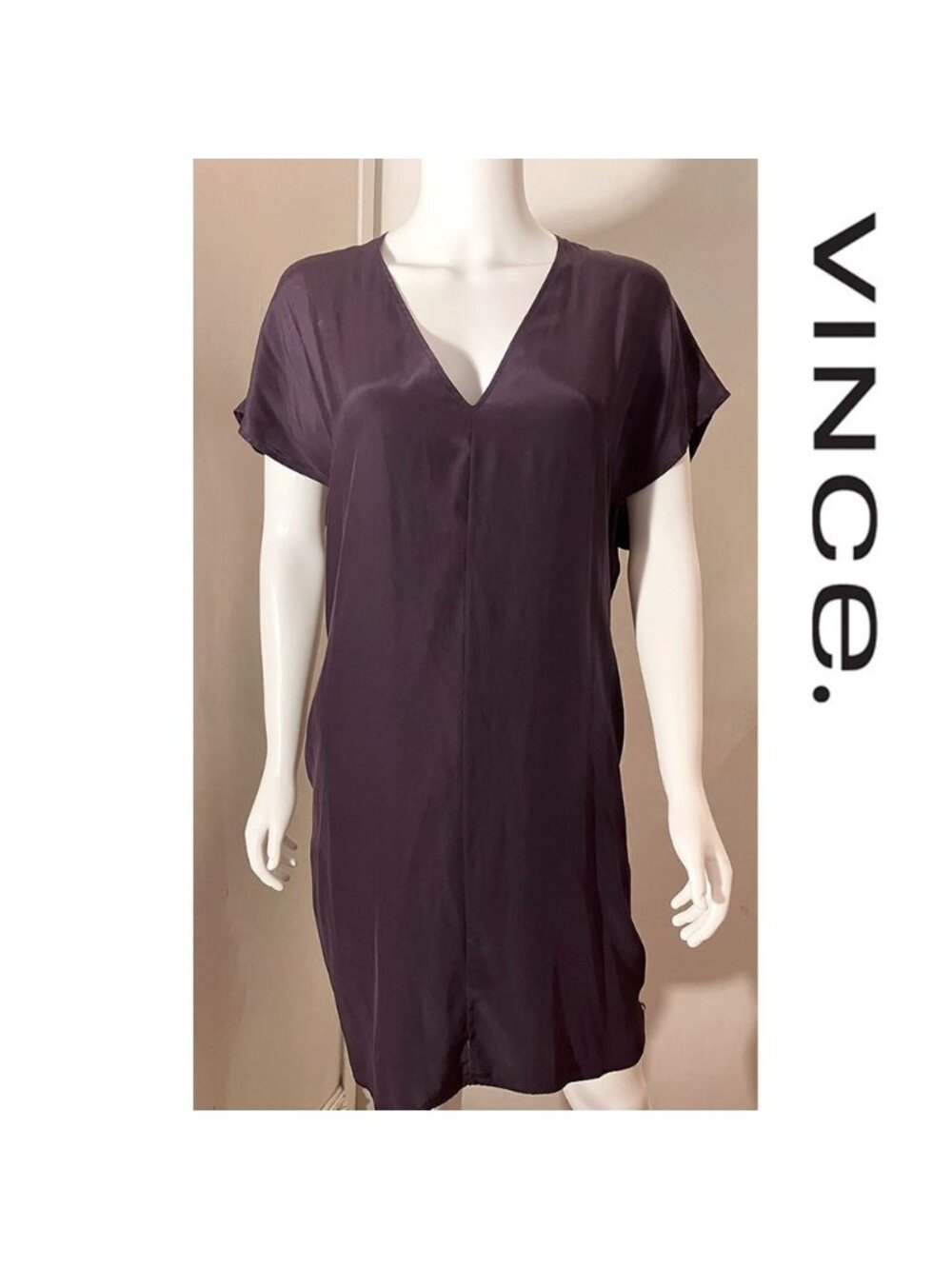 Vince Womens Pure Silk Aubergine V-Neck Short Sleeve Dress Size M